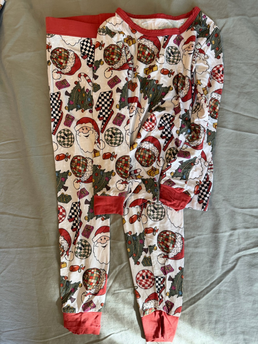 Lucky Panda Kids Christmas Santa & Tree Pajama Set - Red Trim